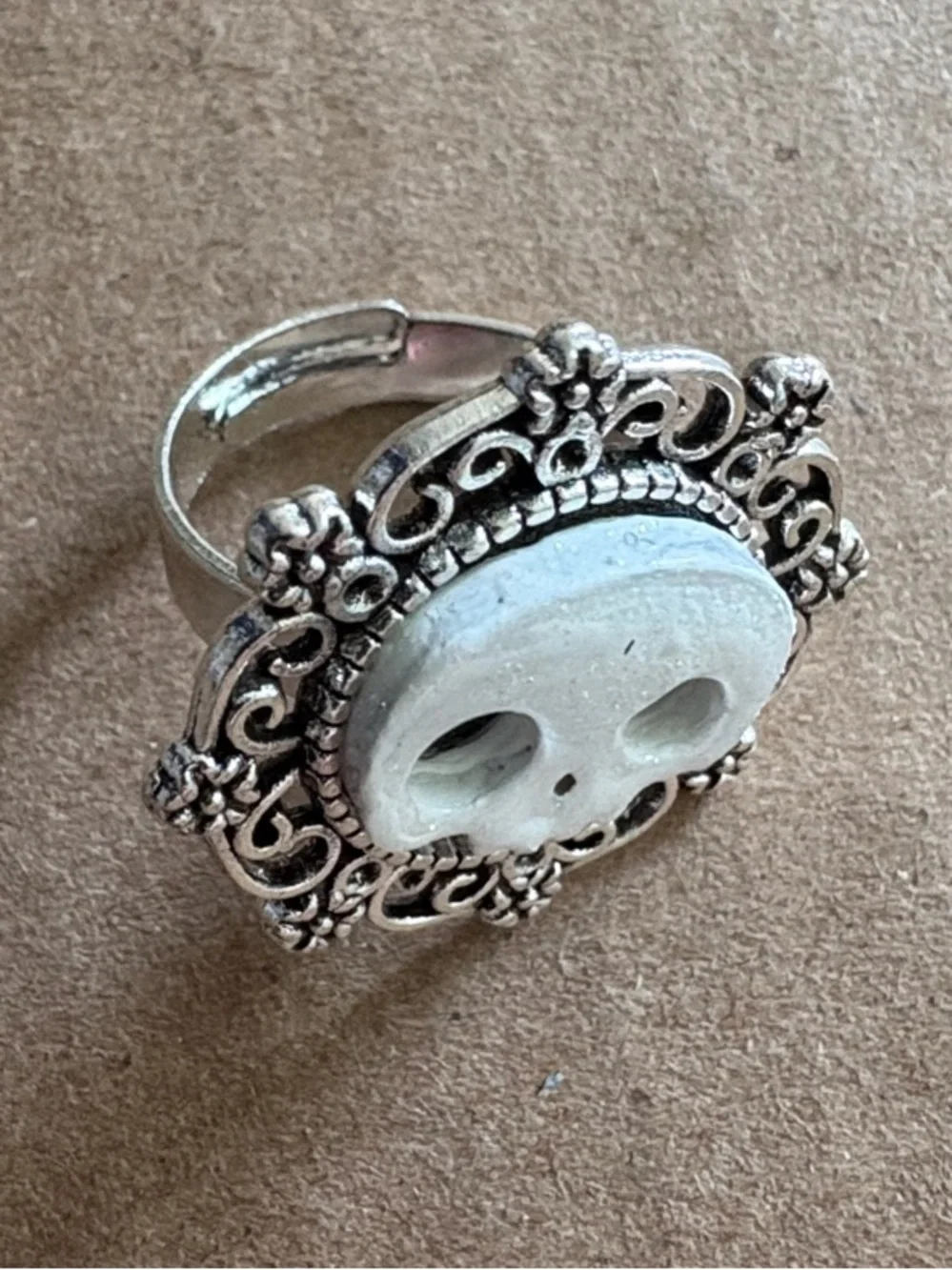 Adjustable Hand-Crafted Glitter Skull (By Killer Kat Designs) Ring in Silver